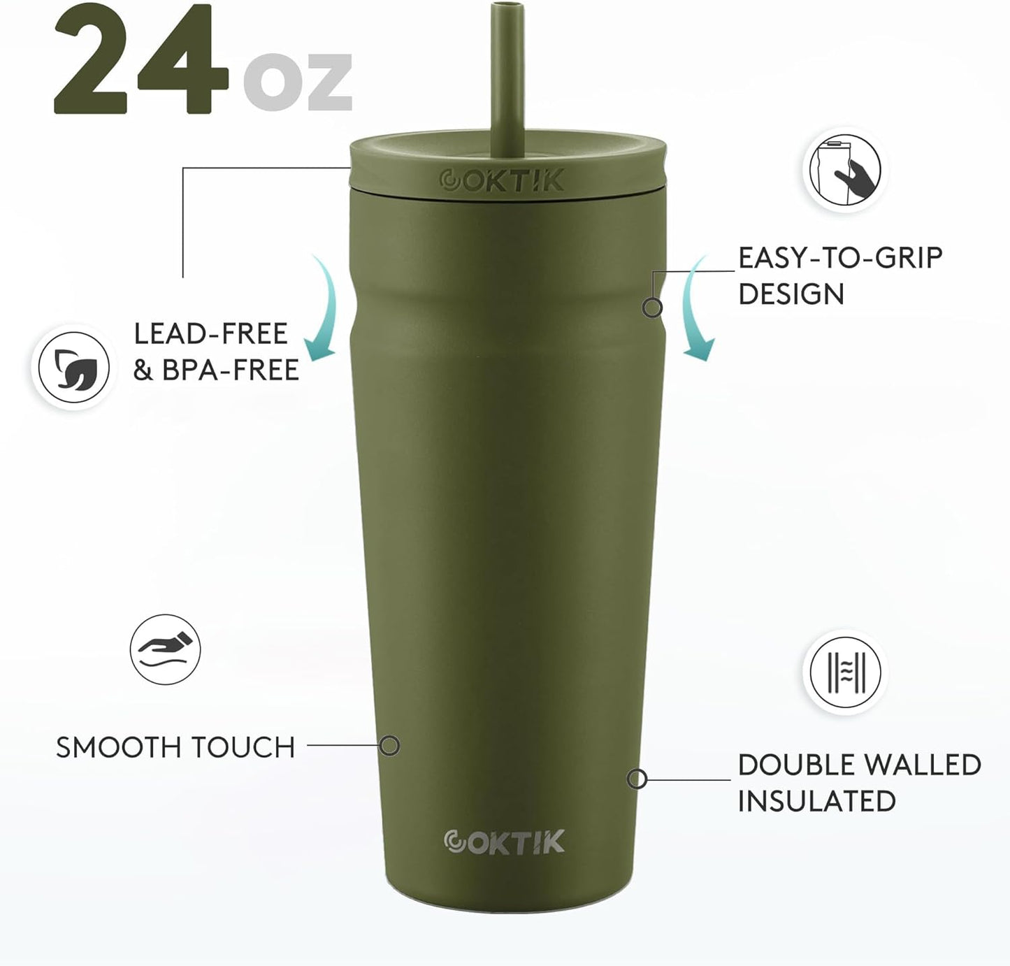 24oz Insulated Tumbler with Lid and Straw Iced Coffee Cup Reusable Stainless Steel Travel Mug Water Bottle Cupholder Friendly for Women Men Her Him (Bay Leaf)