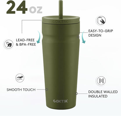 24oz Insulated Tumbler with Lid and Straw Iced Coffee Cup Reusable Stainless Steel Travel Mug Water Bottle Cupholder Friendly for Women Men Her Him (Bay Leaf)