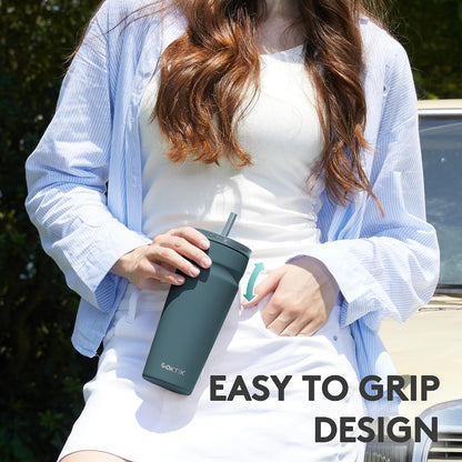 24oz Insulated Tumbler with Lid and Straw Iced Coffee Cup Reusable Stainless Steel Travel Mug Water Bottle Cupholder Friendly for Women Men Her Him (Bay Leaf)