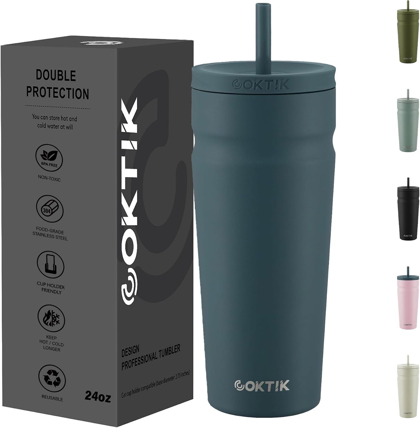 24oz Insulated Tumbler with Lid and Straw Iced Coffee Cup Reusable Stainless Steel Travel Mug Water Bottle Cupholder Friendly for Women Men Her Him (Bay Leaf)