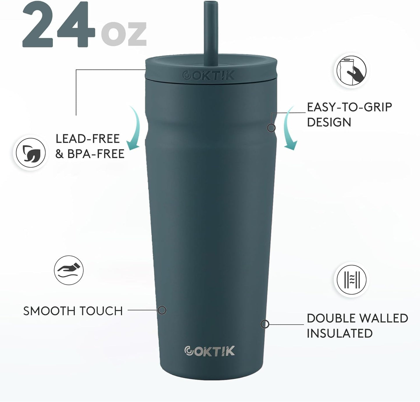 24oz Insulated Tumbler with Lid and Straw Iced Coffee Cup Reusable Stainless Steel Travel Mug Water Bottle Cupholder Friendly for Women Men Her Him (Bay Leaf)