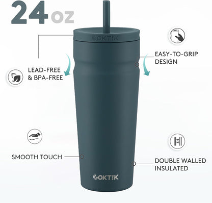 24oz Insulated Tumbler with Lid and Straw Iced Coffee Cup Reusable Stainless Steel Travel Mug Water Bottle Cupholder Friendly for Women Men Her Him (Bay Leaf)