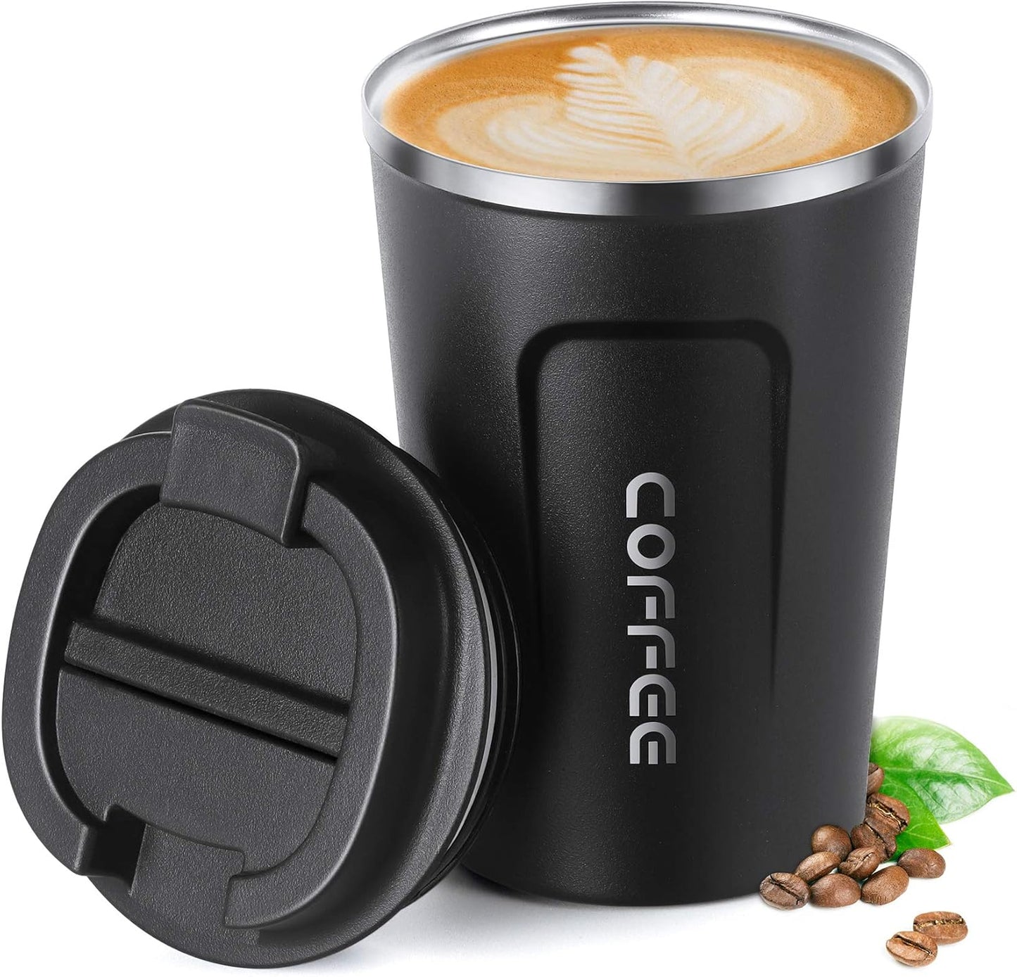 12oz (380ml) Vacuum Insulated Coffee Travel Mug, Leak proof Double Wall Stainless Steel Reusable Cup with Lid, Thermal Tumbler for Hot and Cold Drinks, Matte Texture Black