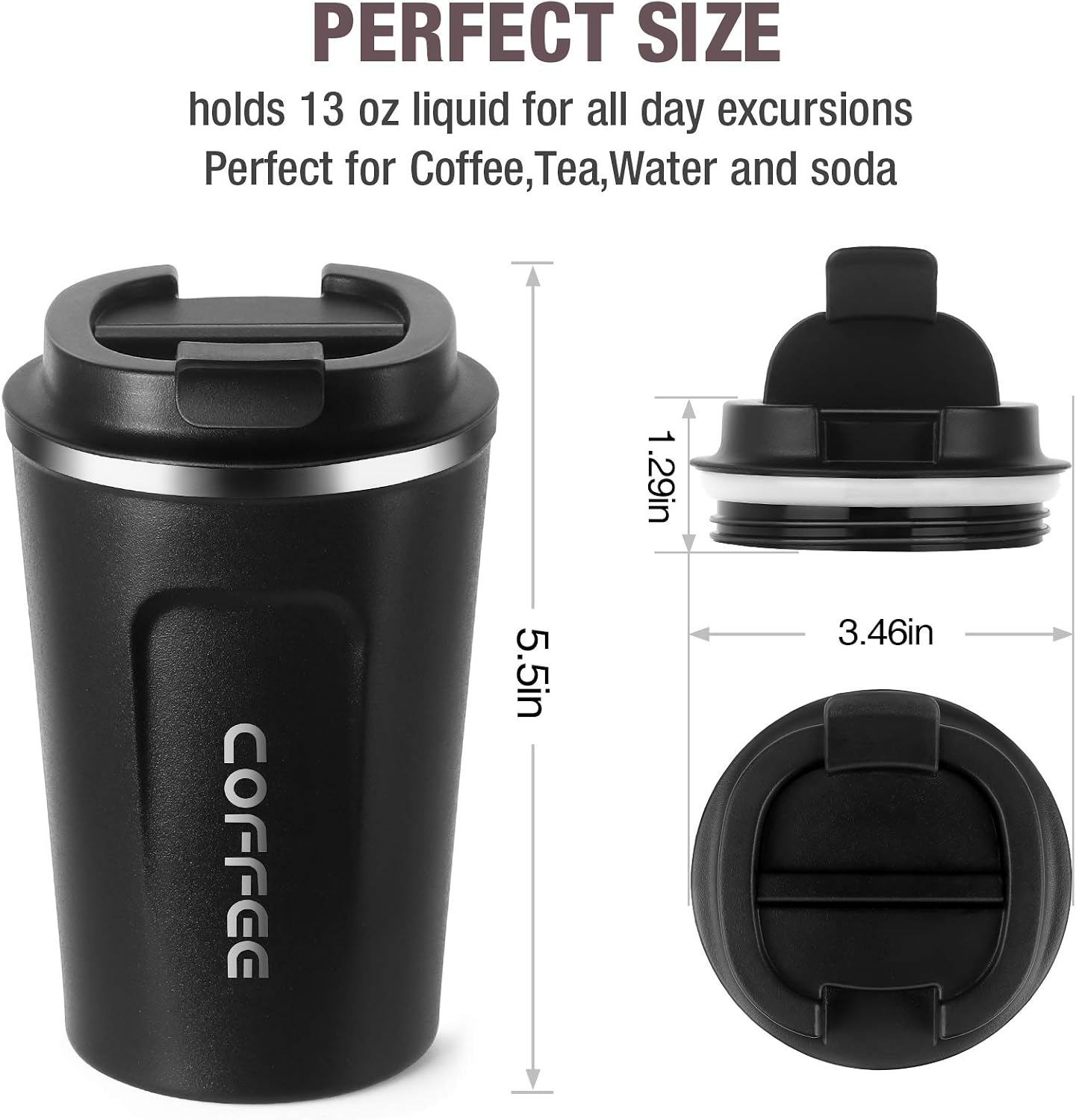 12oz (380ml) Vacuum Insulated Coffee Travel Mug, Leak proof Double Wall Stainless Steel Reusable Cup with Lid, Thermal Tumbler for Hot and Cold Drinks, Matte Texture Black