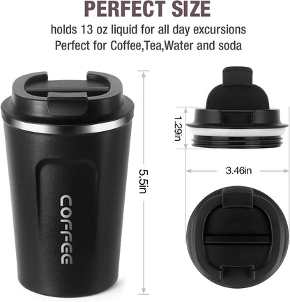 12oz (380ml) Vacuum Insulated Coffee Travel Mug, Leak proof Double Wall Stainless Steel Reusable Cup with Lid, Thermal Tumbler for Hot and Cold Drinks, Matte Texture Black