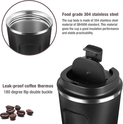 12oz (380ml) Vacuum Insulated Coffee Travel Mug, Leak proof Double Wall Stainless Steel Reusable Cup with Lid, Thermal Tumbler for Hot and Cold Drinks, Matte Texture Black