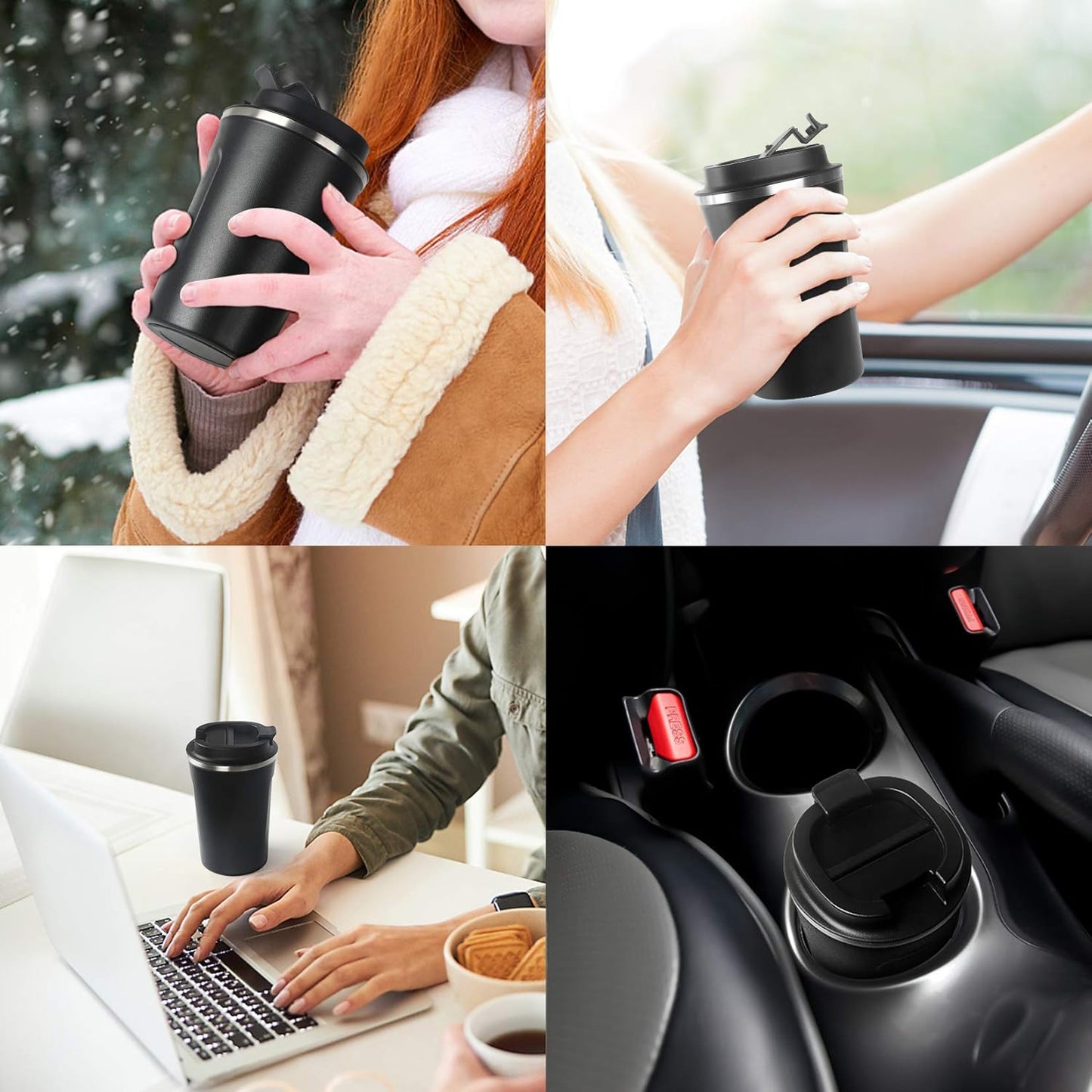 12oz (380ml) Vacuum Insulated Coffee Travel Mug, Leak proof Double Wall Stainless Steel Reusable Cup with Lid, Thermal Tumbler for Hot and Cold Drinks, Matte Texture Black