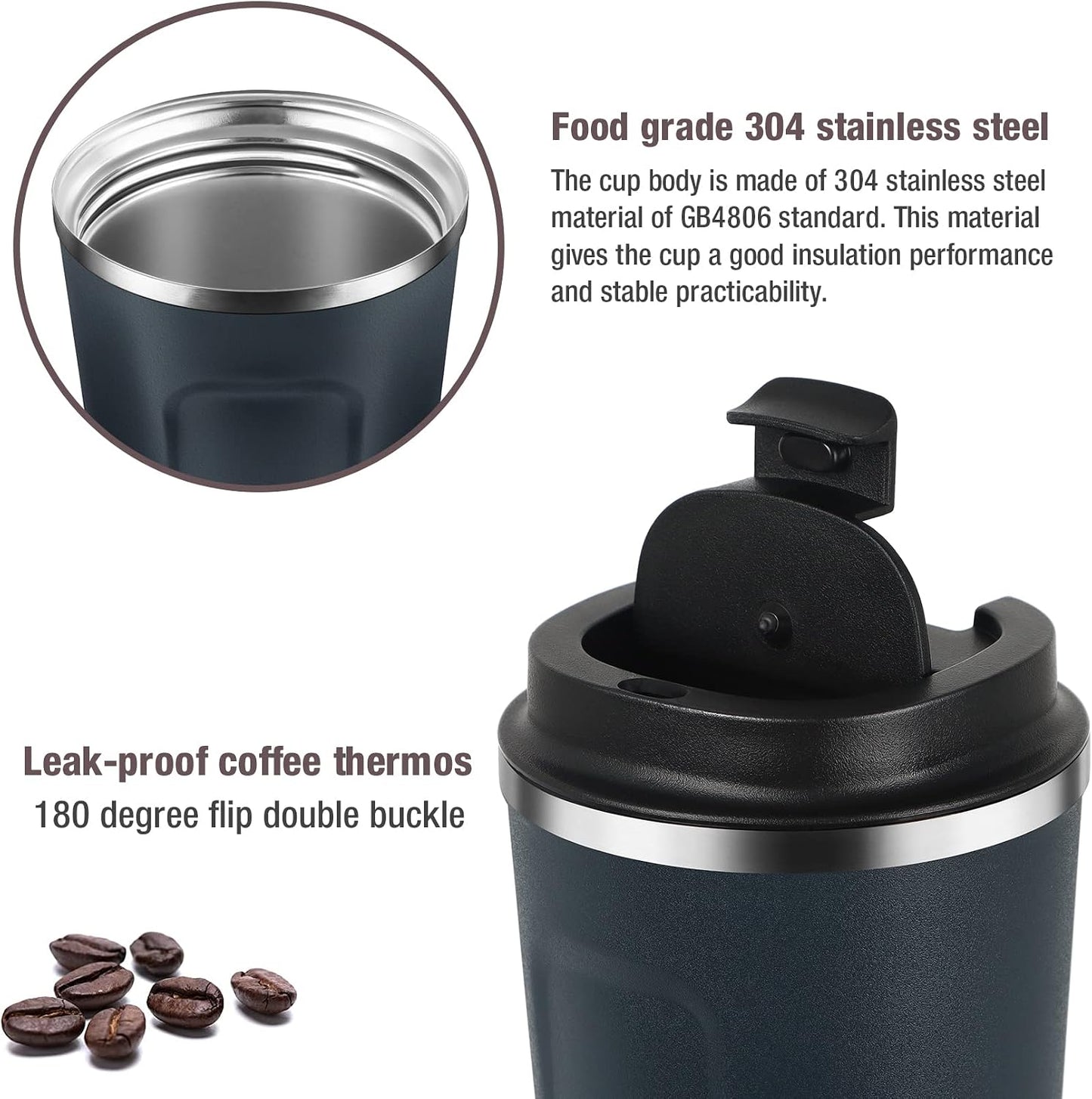 12oz (380ml) Vacuum Insulated Coffee Travel Mug, Leak proof Double Wall Stainless Steel Reusable Cup with Lid, Thermal Tumbler for Hot and Cold Drinks, Matte Texture Black