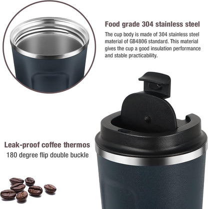 12oz (380ml) Vacuum Insulated Coffee Travel Mug, Leak proof Double Wall Stainless Steel Reusable Cup with Lid, Thermal Tumbler for Hot and Cold Drinks, Matte Texture Black