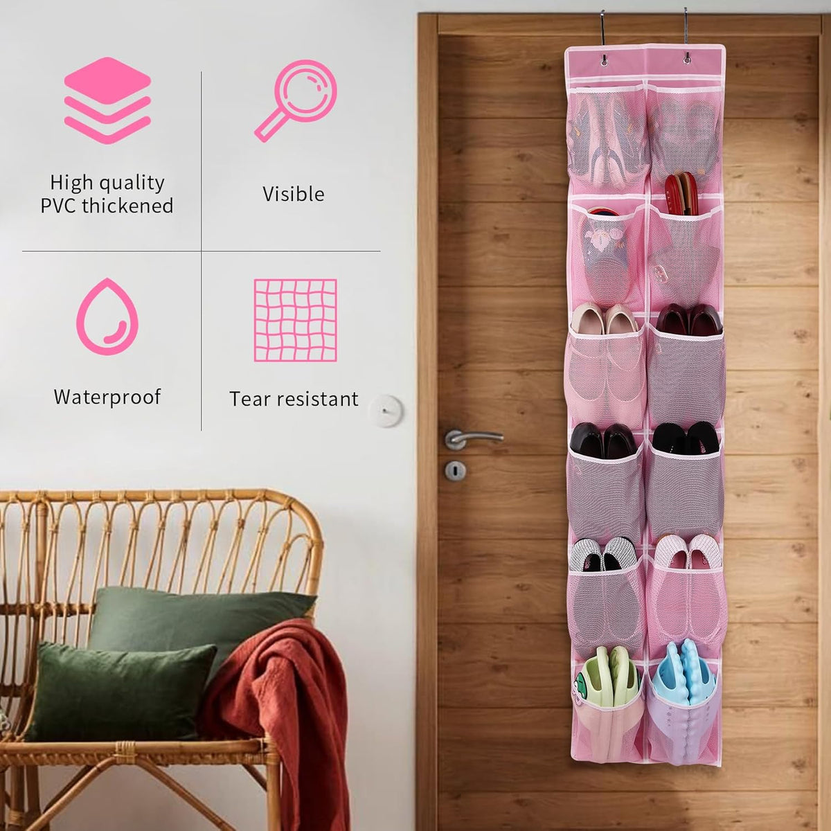 Over the Door 12 Pocket Hanging Shoe Organizer, Gray
