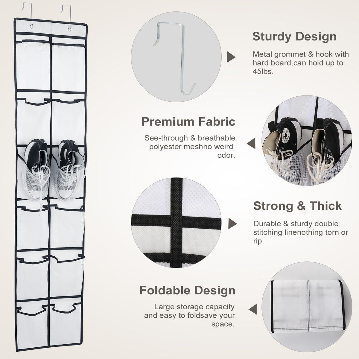 Over the Door 12 Pocket Hanging Shoe Organizer, Gray