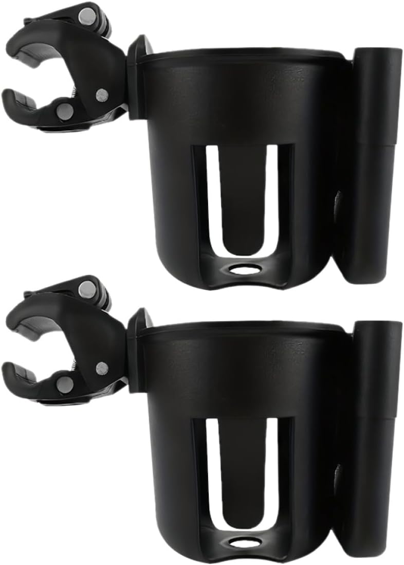 2pcs 2-in-1 Stroller Cup Holder with Phone Holder Universal Pram Drinks Portable Cup Storage Rack for Strollers Walkers and Wheelchairs Black