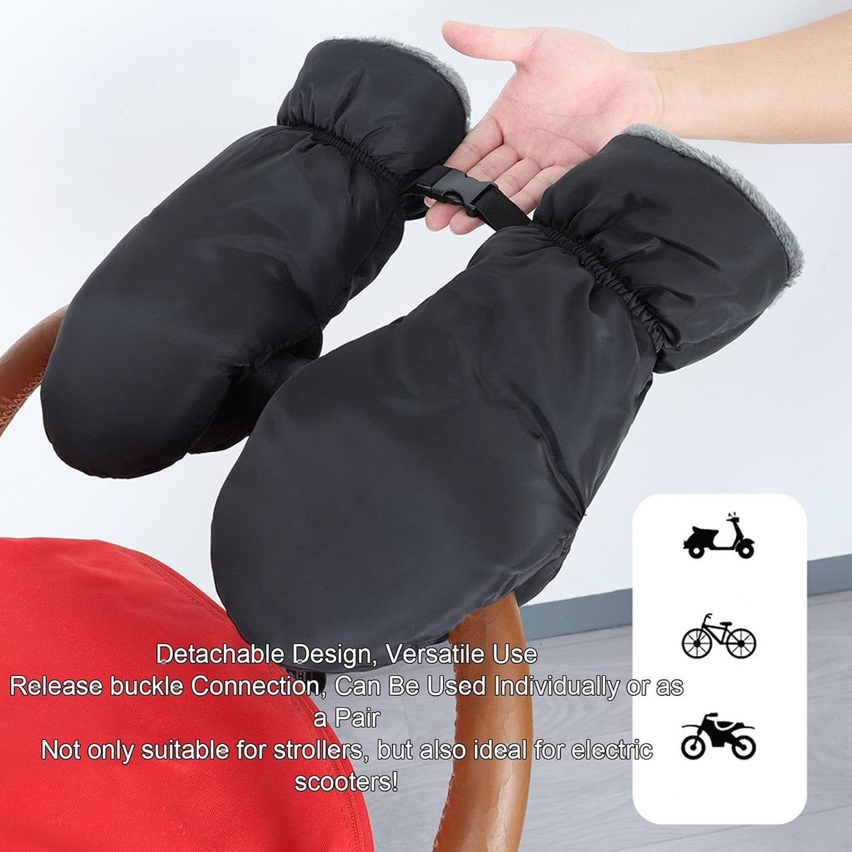 Universal Stroller Gloves Winter Hand Muffs Pushchair Mittens for Cold Weather with Adjustable Straps Windproof Warm Fleece Lining Fits Handlebar 1-1.6in