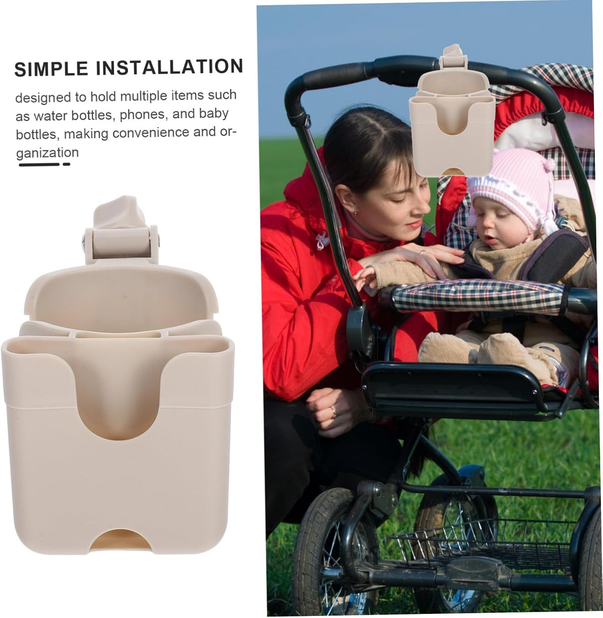 Stroller Cup Holder with Phone Mount Large Capacity Bottle Organizer Rack PP Abs Material Fits Bike Wheelchair Scooter Kayak for Water Bottles Sippy Cups Snacks