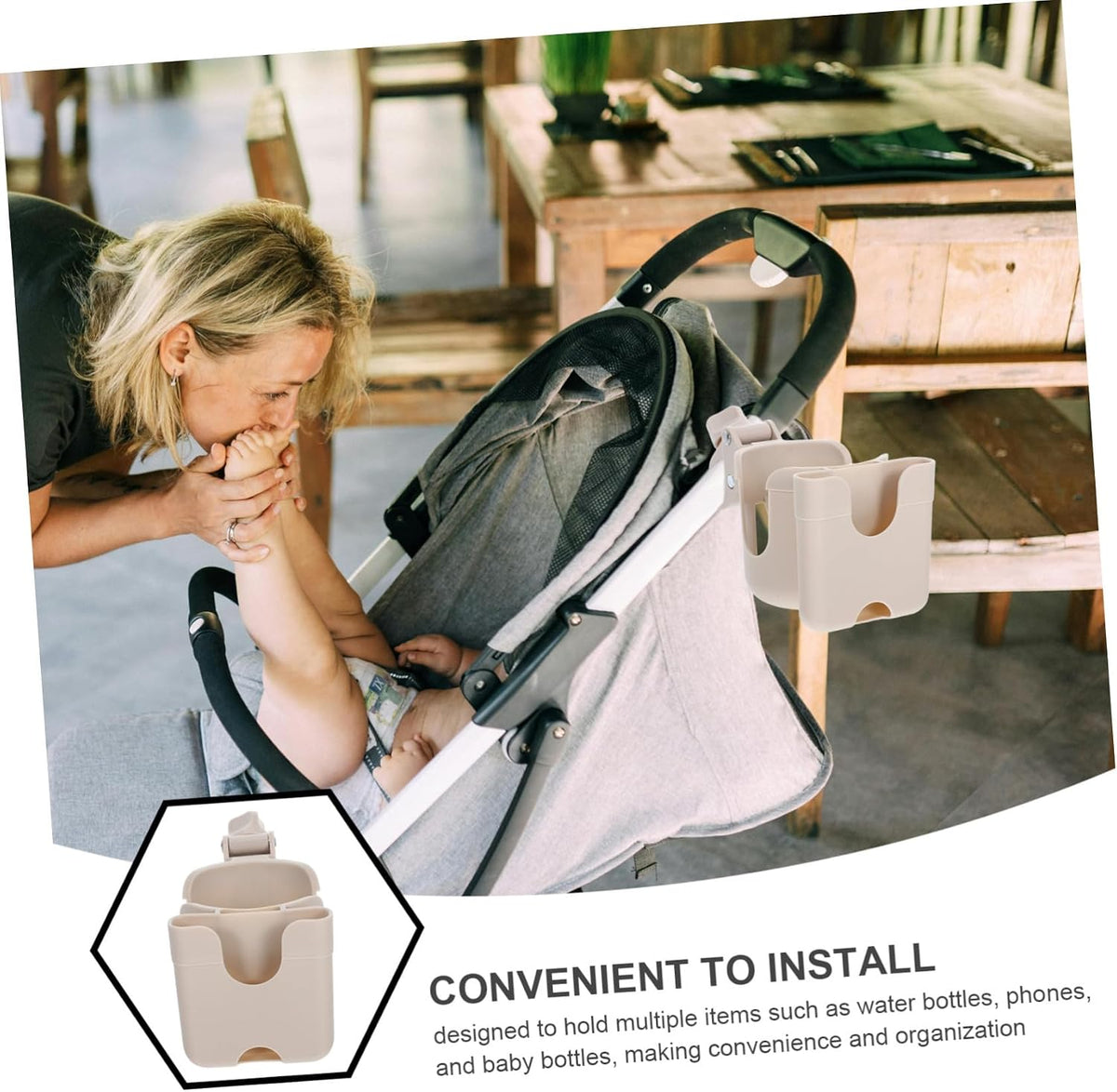 Stroller Cup Holder with Phone Mount Large Capacity Bottle Organizer Rack PP Abs Material Fits Bike Wheelchair Scooter Kayak for Water Bottles Sippy Cups Snacks