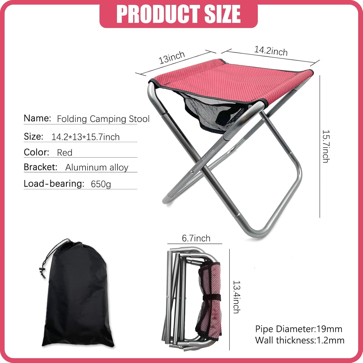 16 Inch Tall Portable Folding Camping Stool - Aluminum Alloy Lightweight Seat With Carry Bag for Fishing, Outdoor Camping, Hiking and BBQ - Red