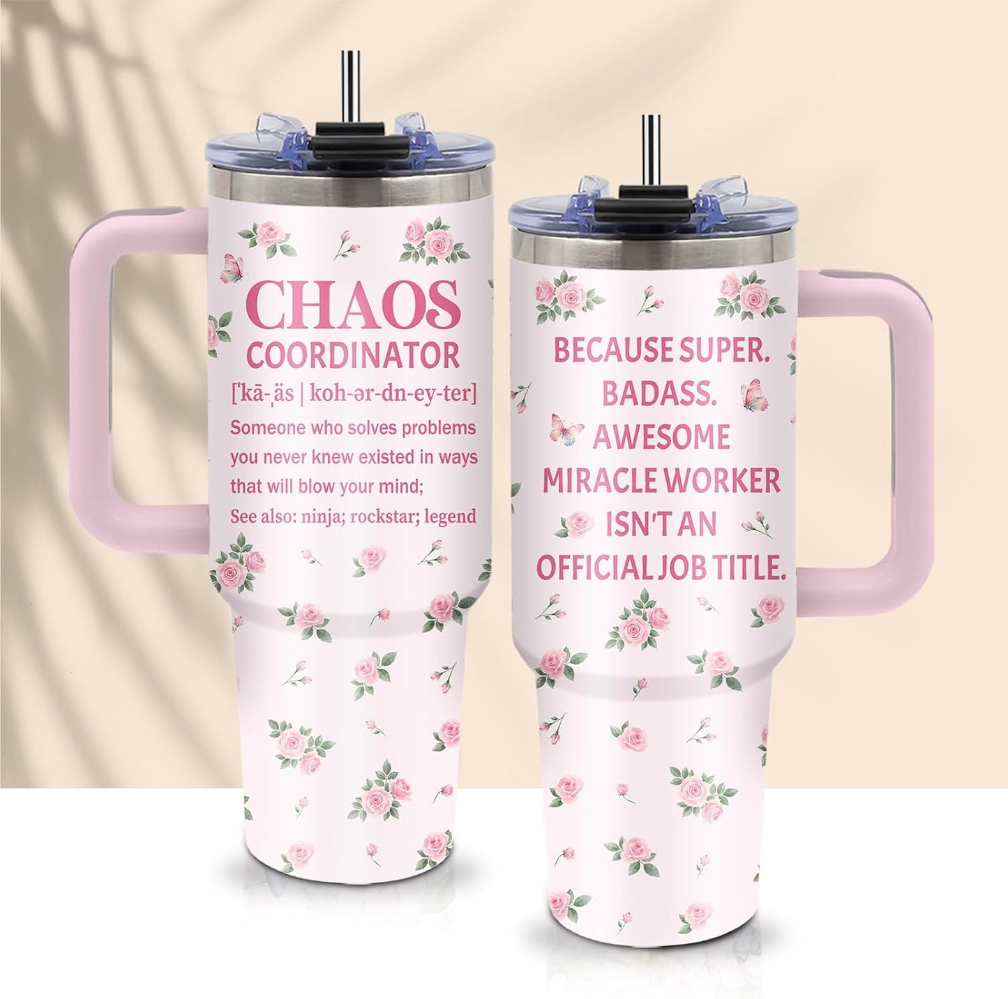 40oz Chaos Coordinator Tumbler with Handle, Funny Gifts for Women Coworker - Insulated Boss Travel Mug, Coffee Tumbler for Office Manager/Administrative Assistant/Secretary Appreciation Christmas Gift