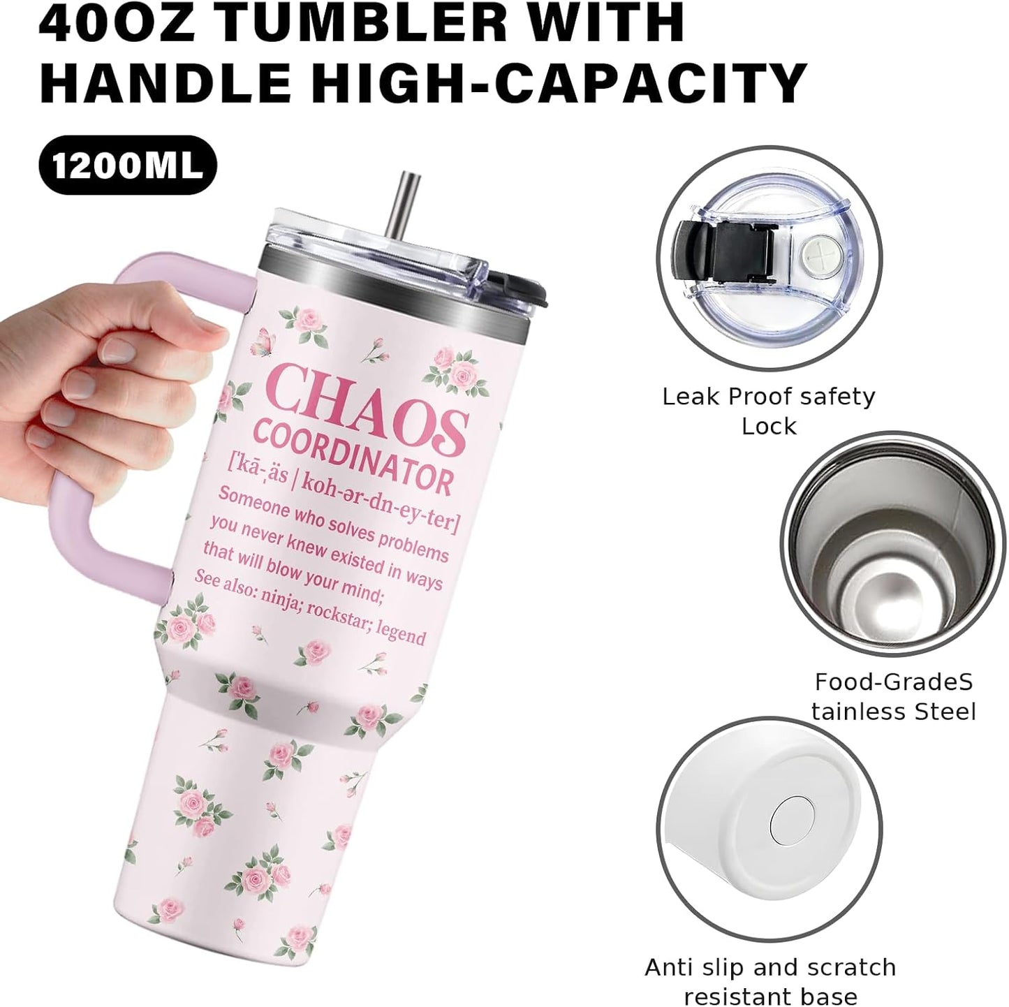 40oz Chaos Coordinator Tumbler with Handle, Funny Gifts for Women Coworker - Insulated Boss Travel Mug, Coffee Tumbler for Office Manager/Administrative Assistant/Secretary Appreciation Christmas Gift