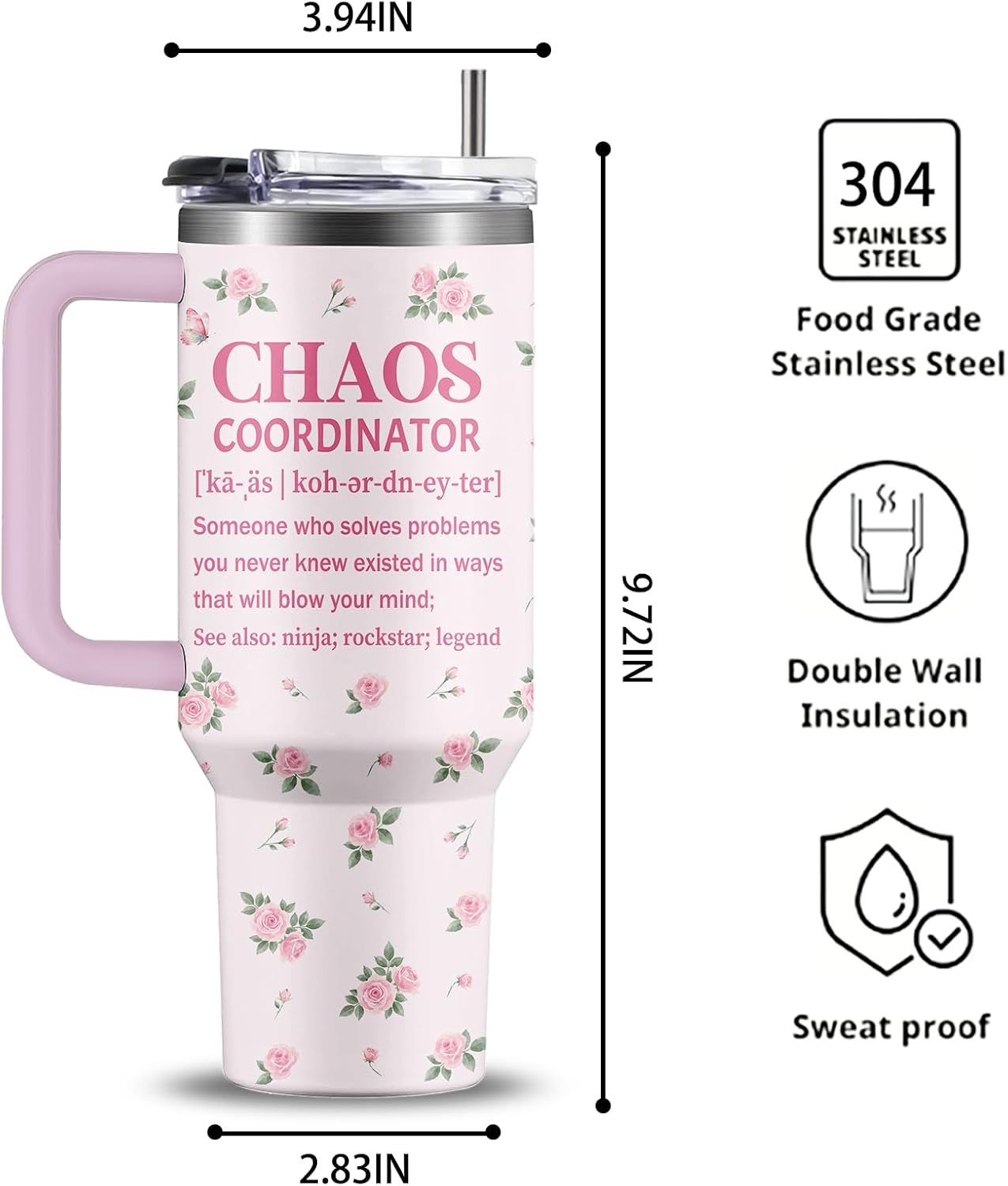 40oz Chaos Coordinator Tumbler with Handle, Funny Gifts for Women Coworker - Insulated Boss Travel Mug, Coffee Tumbler for Office Manager/Administrative Assistant/Secretary Appreciation Christmas Gift