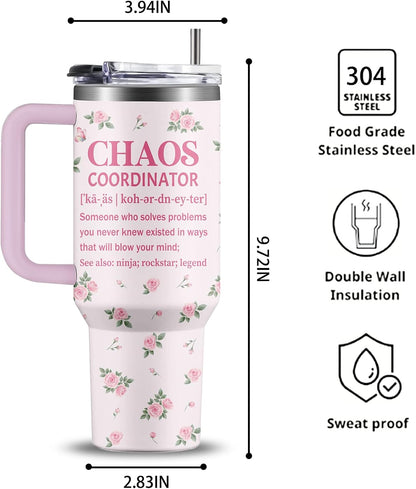 40oz Chaos Coordinator Tumbler with Handle, Funny Gifts for Women Coworker - Insulated Boss Travel Mug, Coffee Tumbler for Office Manager/Administrative Assistant/Secretary Appreciation Christmas Gift