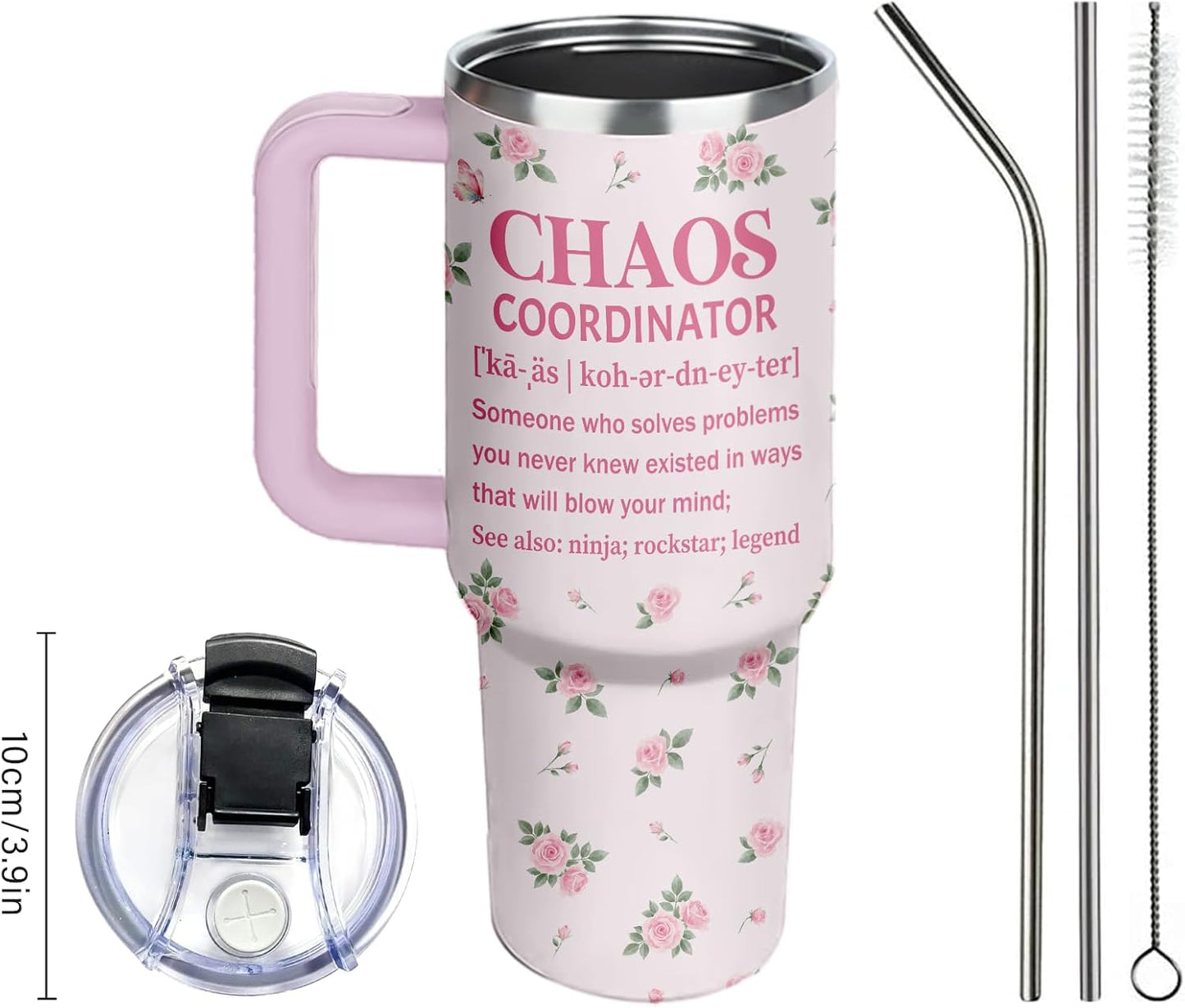 40oz Chaos Coordinator Tumbler with Handle, Funny Gifts for Women Coworker - Insulated Boss Travel Mug, Coffee Tumbler for Office Manager/Administrative Assistant/Secretary Appreciation Christmas Gift