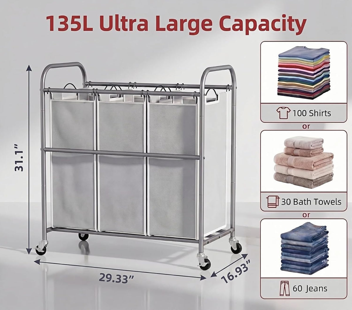 Laundry Sorter Hamper 3 Section, Divided Laundry Basket Organizer