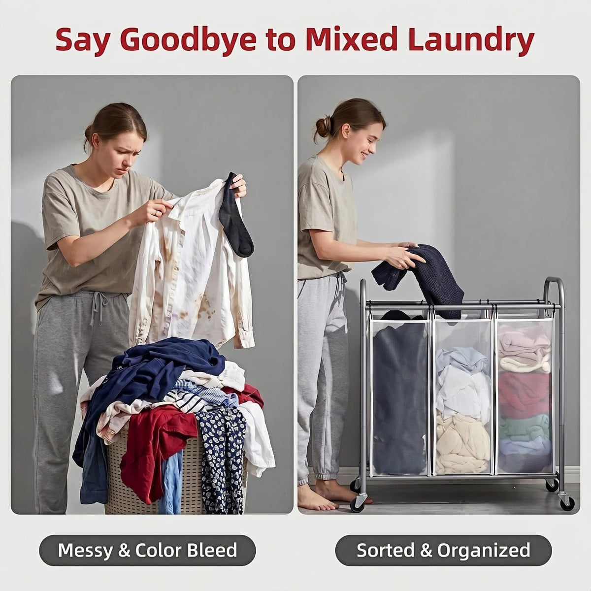 Laundry Sorter Hamper 3 Section, Divided Laundry Basket Organizer