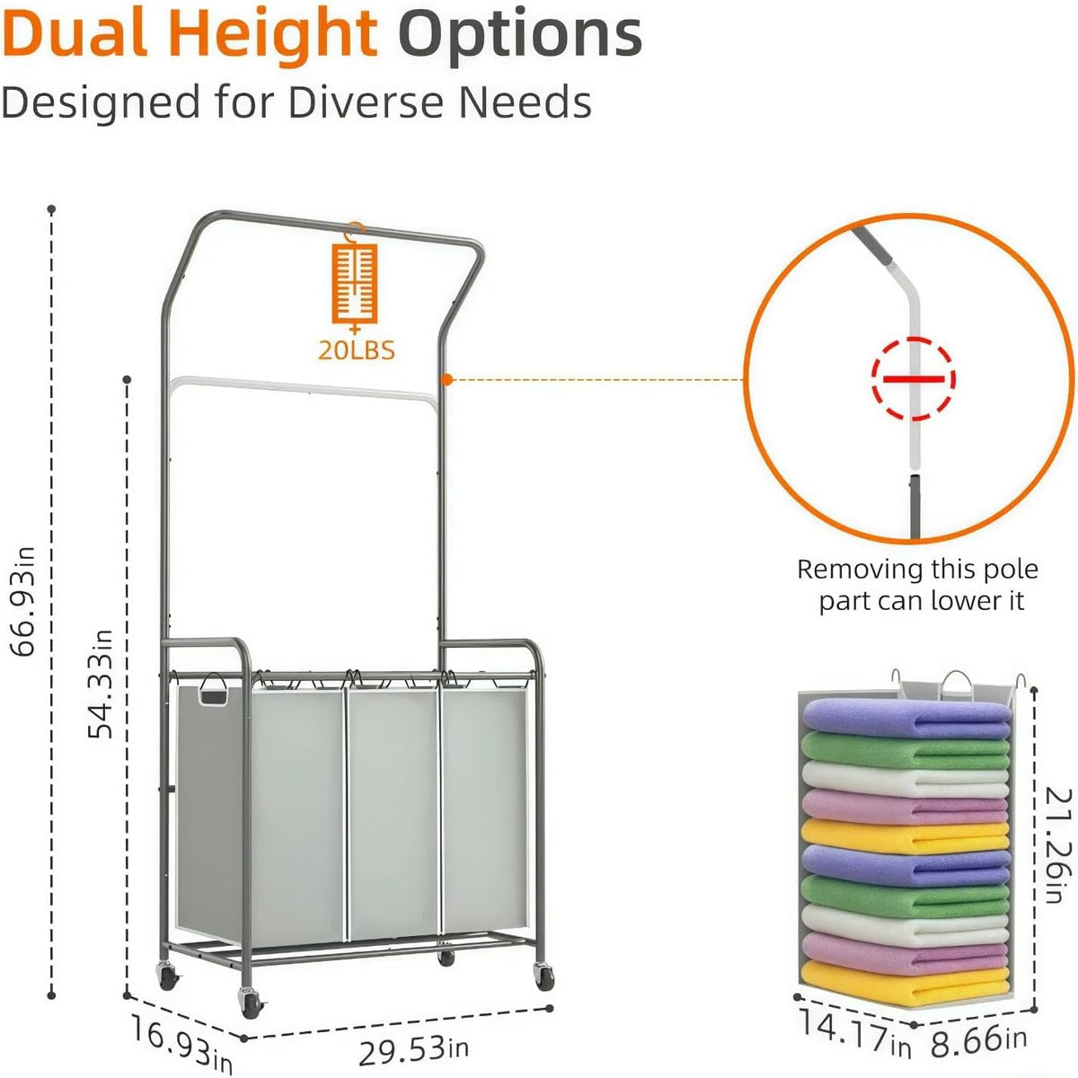Laundry Sorter Hamper 3 Section, Divided Laundry Basket Organizer