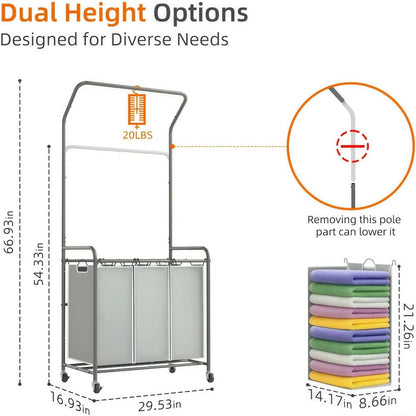 Laundry Sorter Hamper 3 Section, Divided Laundry Basket Organizer