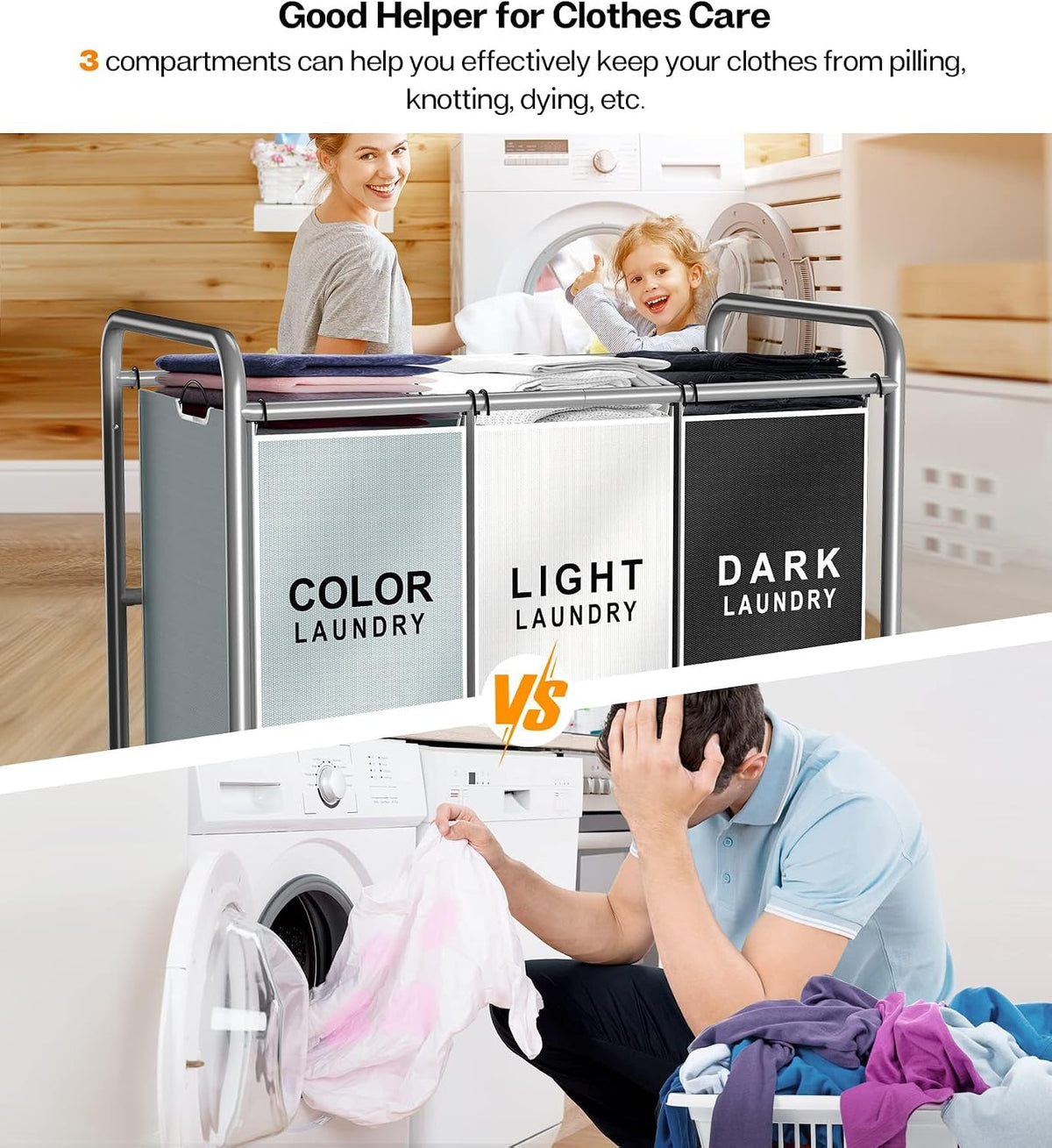 Laundry Sorter Hamper 3 Section, Divided Laundry Basket Organizer
