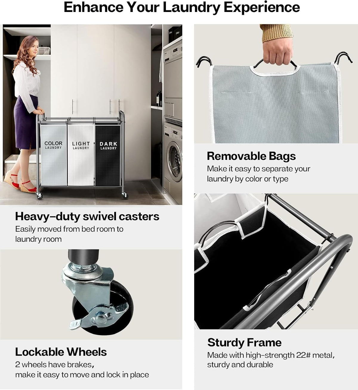 Laundry Sorter Hamper 3 Section, Divided Laundry Basket Organizer