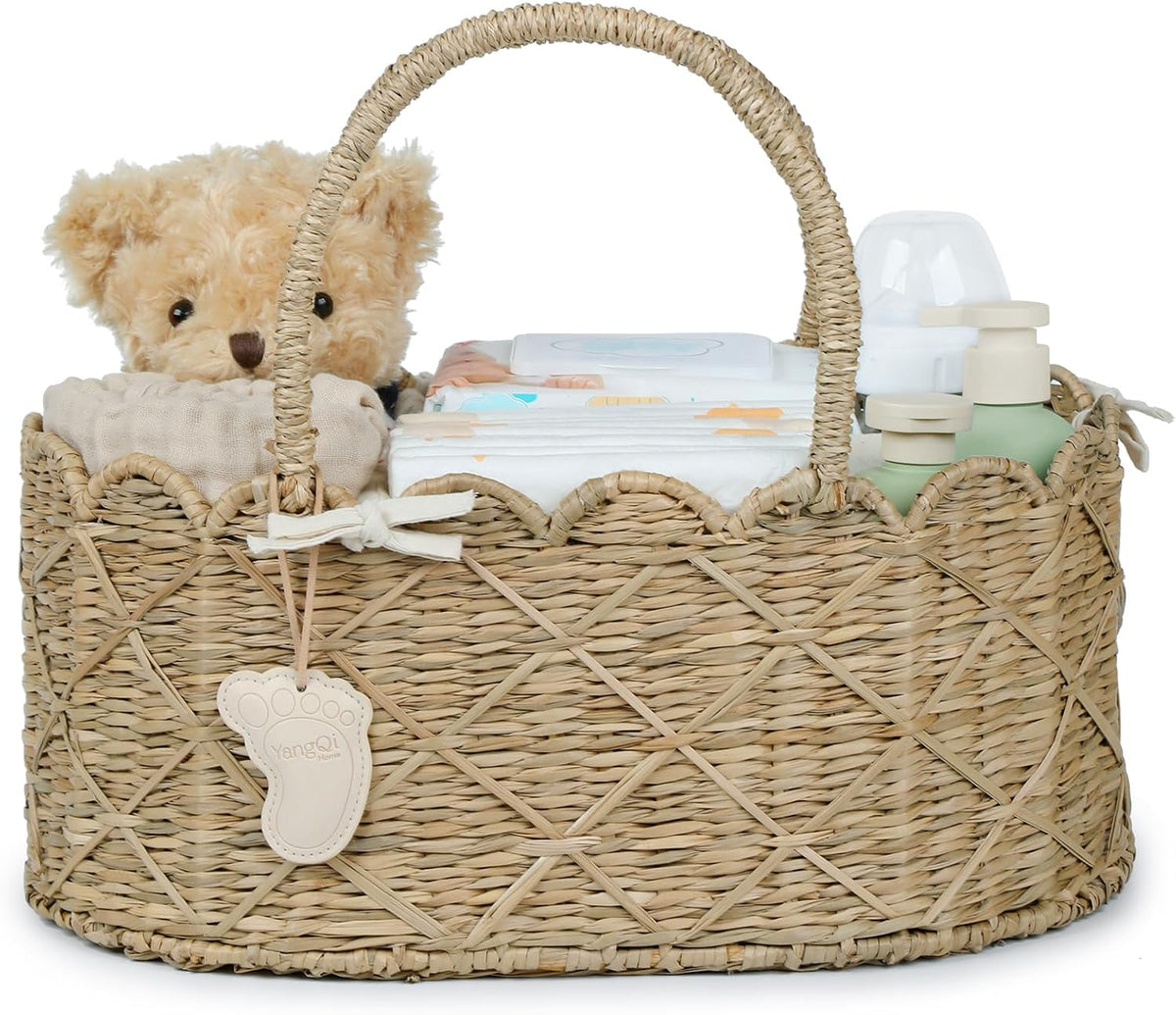 Diaper Caddy Organizer, Seagrass Nursery Baby Basket for Baby Essentials, Scalloped Wicker Diaper Caddy, Baby Shower Gifts (Diamond)