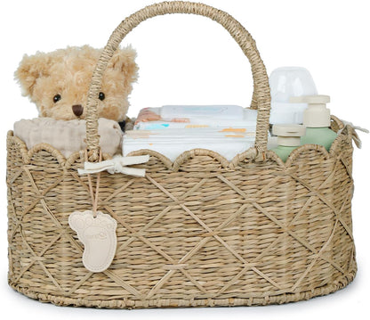 Diaper Caddy Organizer, Seagrass Nursery Baby Basket for Baby Essentials, Scalloped Wicker Diaper Caddy, Baby Shower Gifts (Diamond)