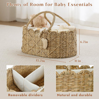 Diaper Caddy Organizer, Seagrass Nursery Baby Basket for Baby Essentials, Scalloped Wicker Diaper Caddy, Baby Shower Gifts (Diamond)