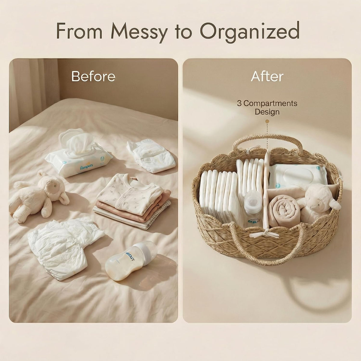 Diaper Caddy Organizer, Seagrass Nursery Baby Basket for Baby Essentials, Scalloped Wicker Diaper Caddy, Baby Shower Gifts (Diamond)