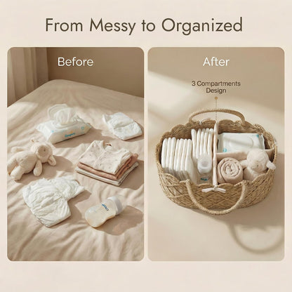 Diaper Caddy Organizer, Seagrass Nursery Baby Basket for Baby Essentials, Scalloped Wicker Diaper Caddy, Baby Shower Gifts (Diamond)