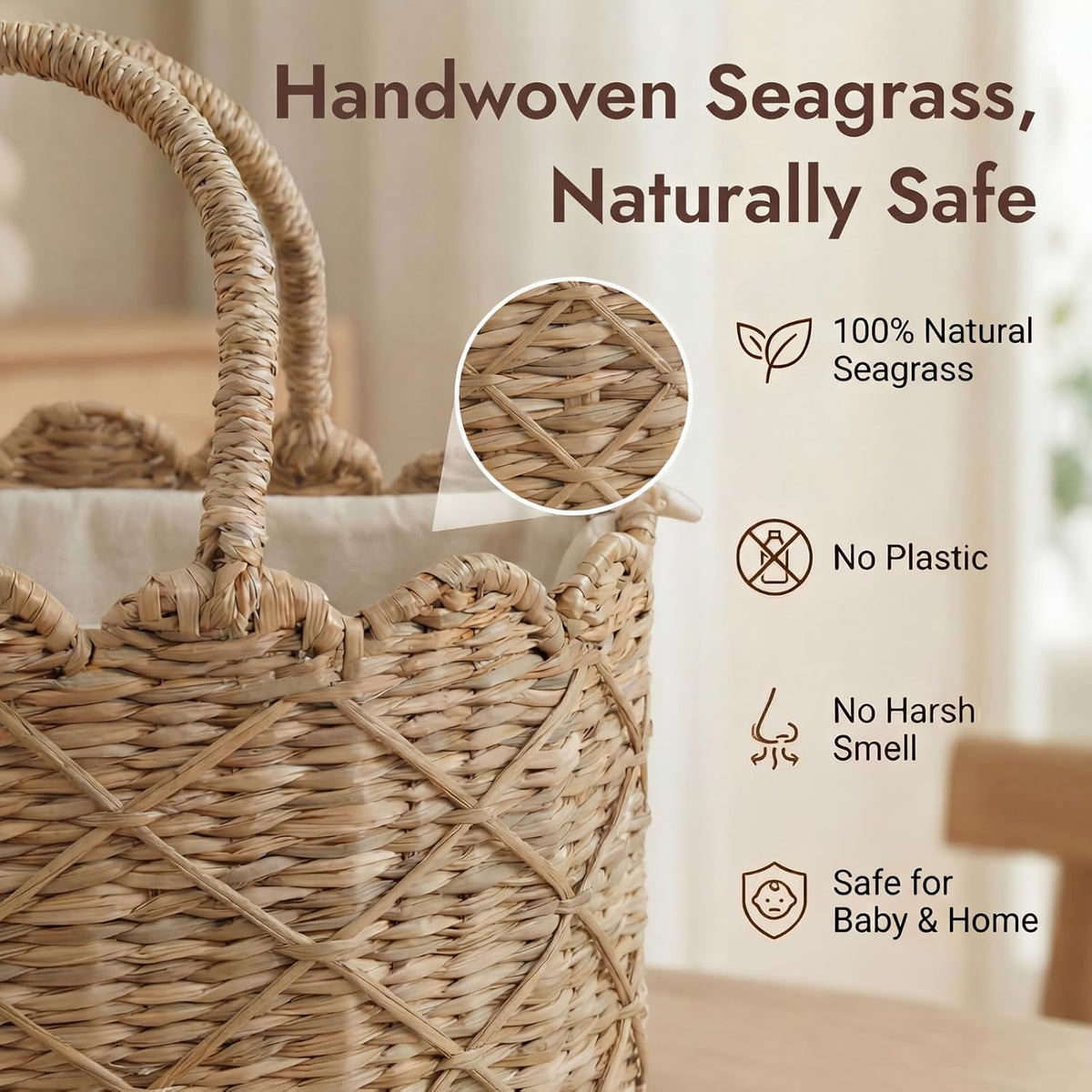 Diaper Caddy Organizer, Seagrass Nursery Baby Basket for Baby Essentials, Scalloped Wicker Diaper Caddy, Baby Shower Gifts (Diamond)