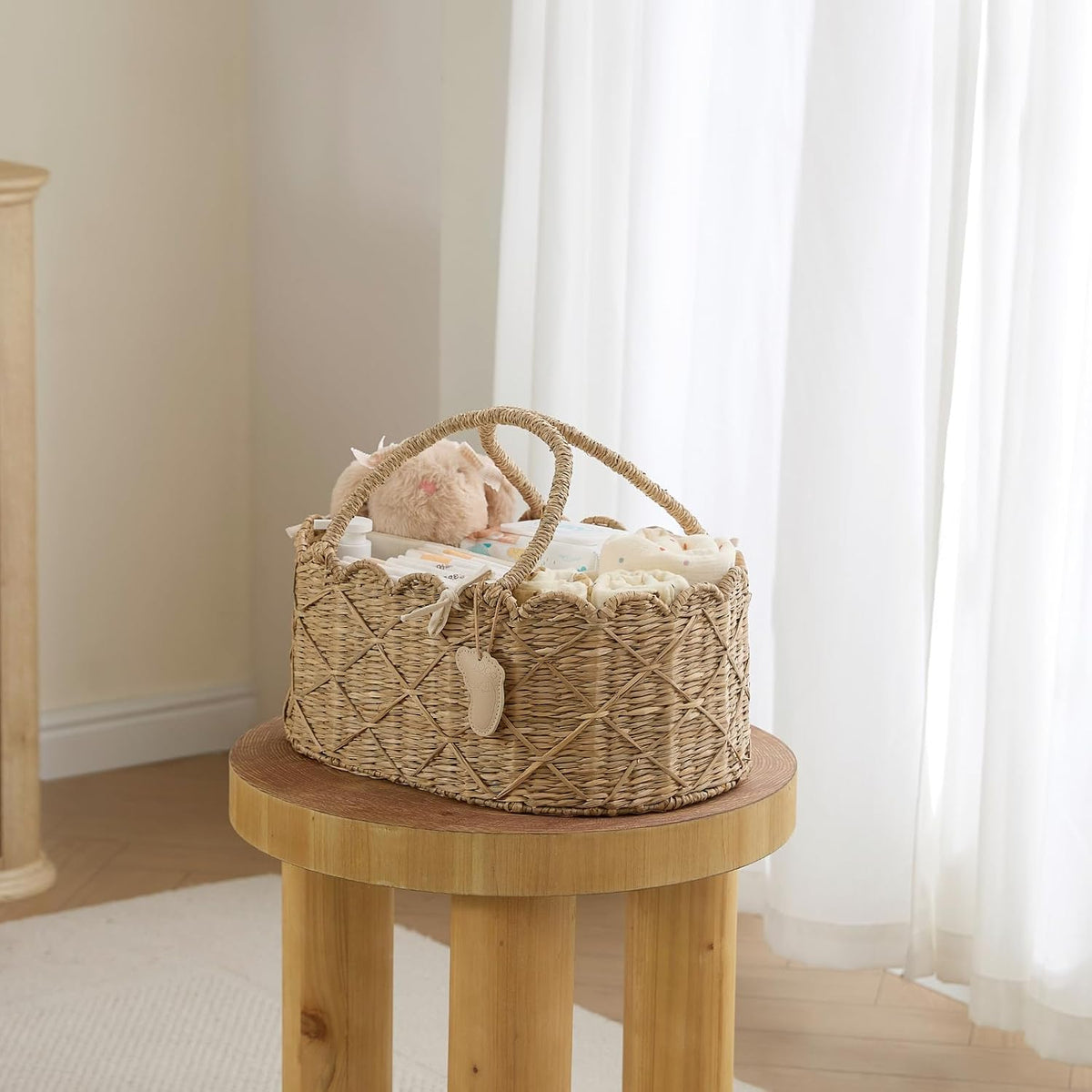 Diaper Caddy Organizer, Seagrass Nursery Baby Basket for Baby Essentials, Scalloped Wicker Diaper Caddy, Baby Shower Gifts (Diamond)