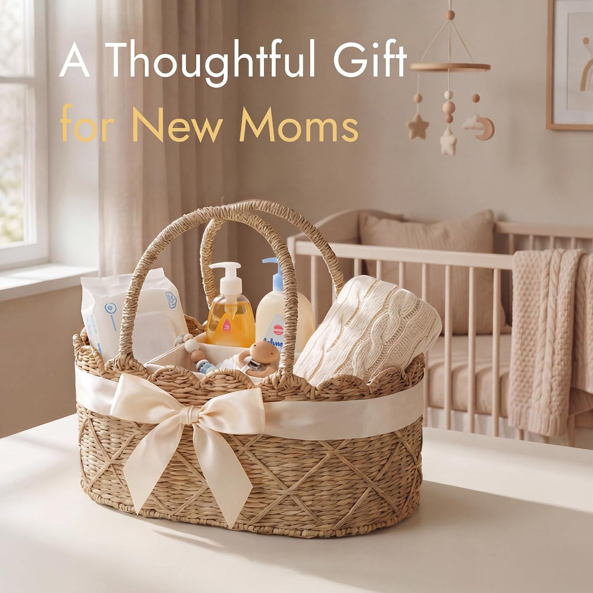 Diaper Caddy Organizer, Seagrass Nursery Baby Basket for Baby Essentials, Scalloped Wicker Diaper Caddy, Baby Shower Gifts (Diamond)
