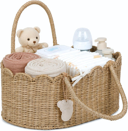 Diaper Caddy Organizer, Seagrass Nursery Baby Basket for Baby Essentials, Scalloped Wicker Diaper Caddy, Baby Shower Gifts (Diamond)