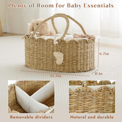 Diaper Caddy Organizer, Seagrass Nursery Baby Basket for Baby Essentials, Scalloped Wicker Diaper Caddy, Baby Shower Gifts (Diamond)