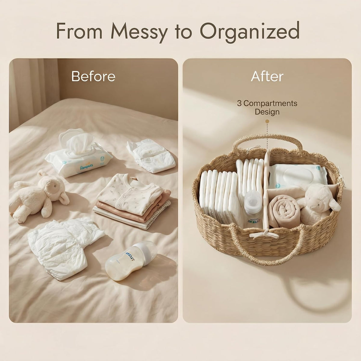 Diaper Caddy Organizer, Seagrass Nursery Baby Basket for Baby Essentials, Scalloped Wicker Diaper Caddy, Baby Shower Gifts (Diamond)