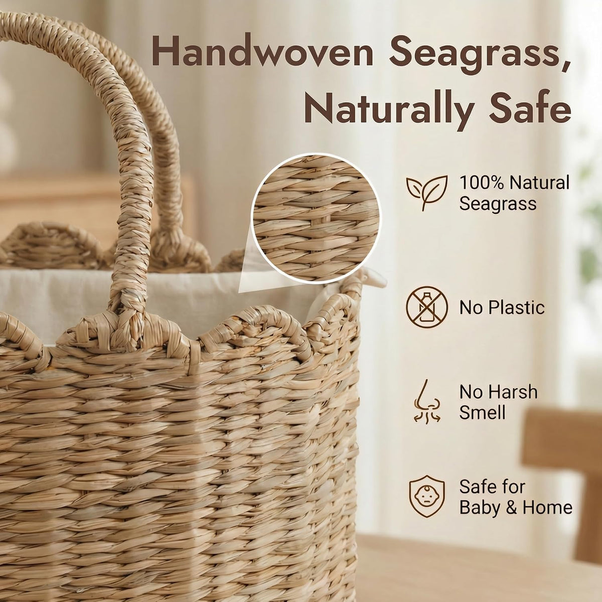 Diaper Caddy Organizer, Seagrass Nursery Baby Basket for Baby Essentials, Scalloped Wicker Diaper Caddy, Baby Shower Gifts (Diamond)