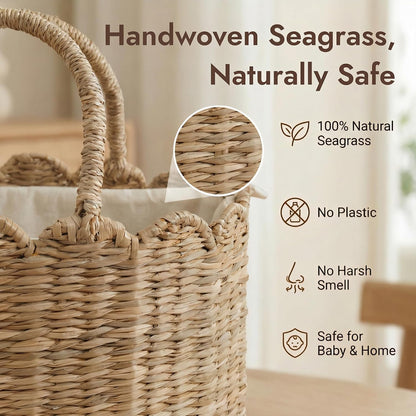 Diaper Caddy Organizer, Seagrass Nursery Baby Basket for Baby Essentials, Scalloped Wicker Diaper Caddy, Baby Shower Gifts (Diamond)