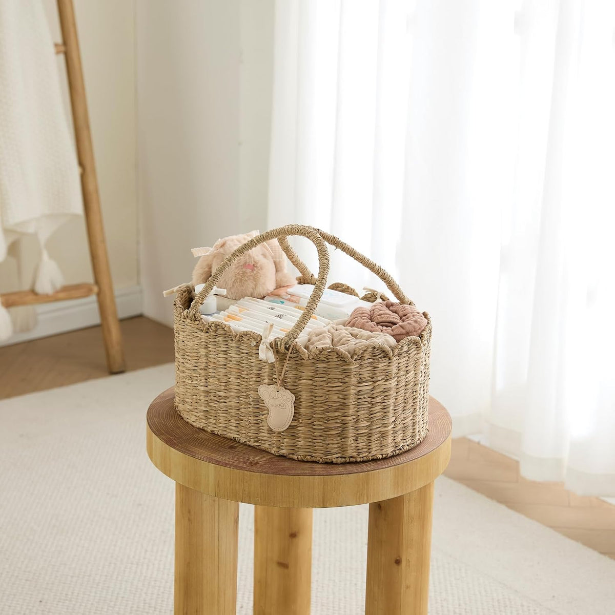 Diaper Caddy Organizer, Seagrass Nursery Baby Basket for Baby Essentials, Scalloped Wicker Diaper Caddy, Baby Shower Gifts (Diamond)