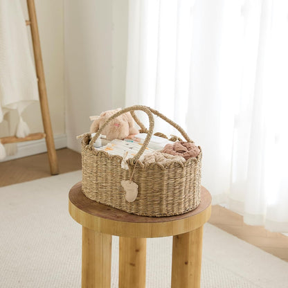 Diaper Caddy Organizer, Seagrass Nursery Baby Basket for Baby Essentials, Scalloped Wicker Diaper Caddy, Baby Shower Gifts (Diamond)