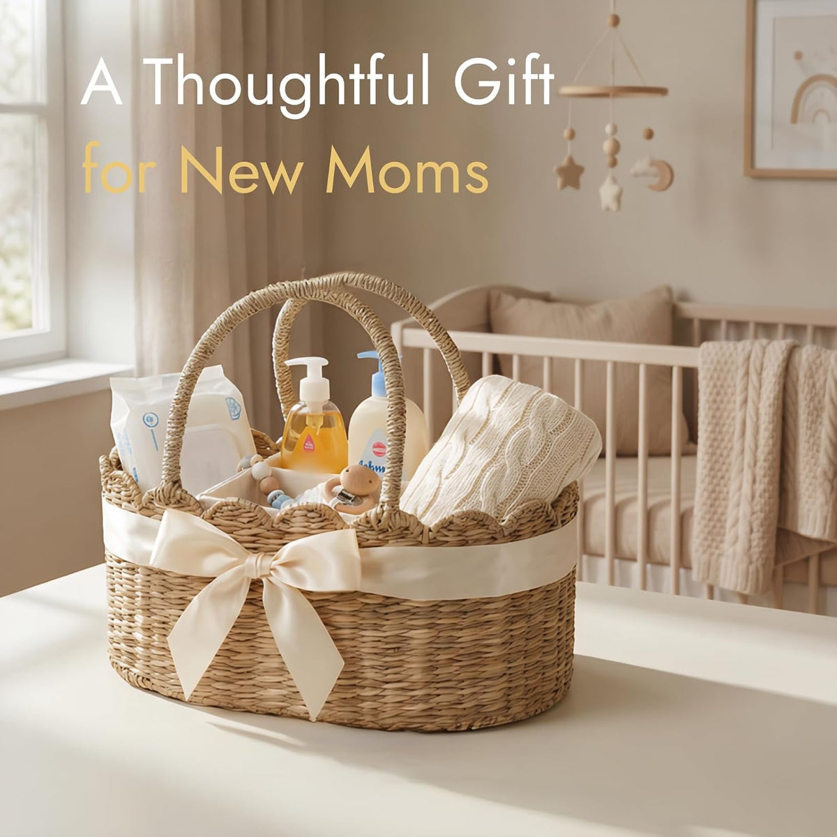 Diaper Caddy Organizer, Seagrass Nursery Baby Basket for Baby Essentials, Scalloped Wicker Diaper Caddy, Baby Shower Gifts (Diamond)