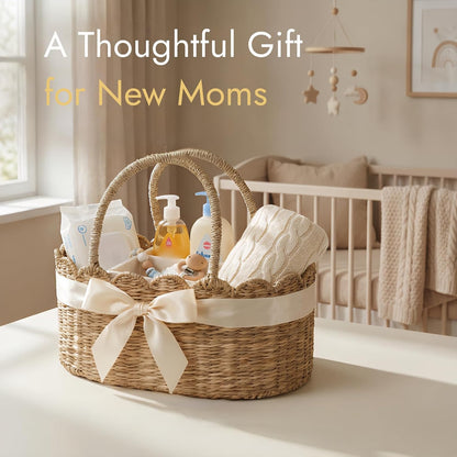Diaper Caddy Organizer, Seagrass Nursery Baby Basket for Baby Essentials, Scalloped Wicker Diaper Caddy, Baby Shower Gifts (Diamond)