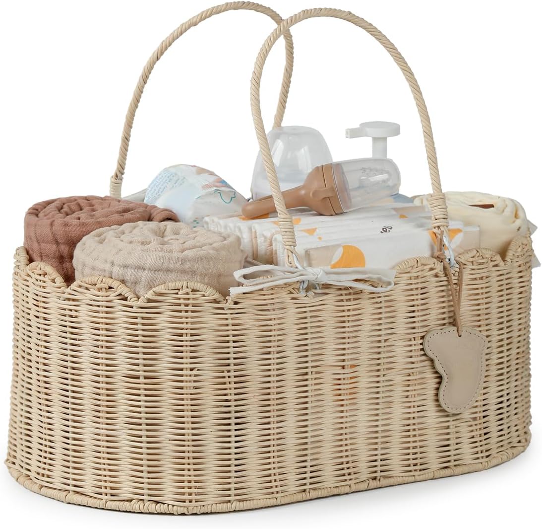 Diaper Caddy Organizer, Seagrass Nursery Baby Basket for Baby Essentials, Scalloped Wicker Diaper Caddy, Baby Shower Gifts (Diamond)