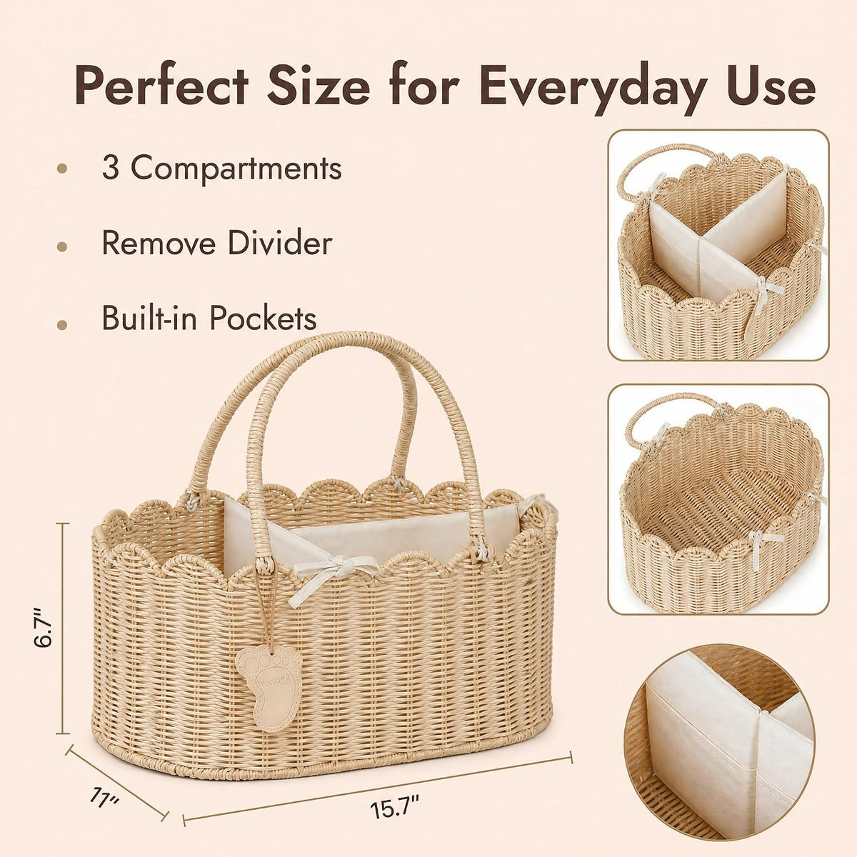 Diaper Caddy Organizer, Seagrass Nursery Baby Basket for Baby Essentials, Scalloped Wicker Diaper Caddy, Baby Shower Gifts (Diamond)